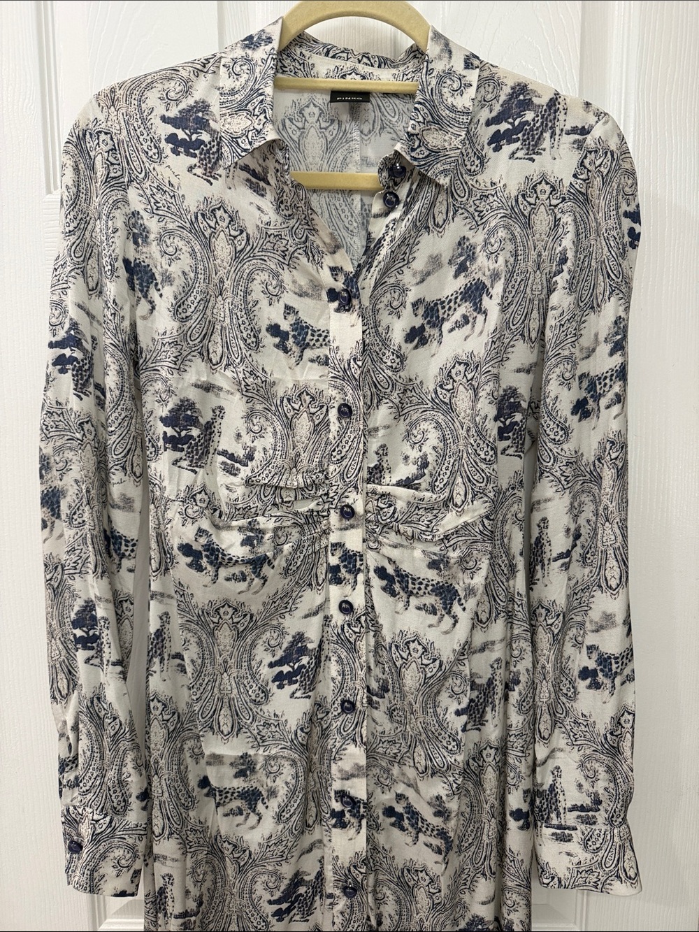 Pinko Cream and Navy Paisley and Toile Button Front Midi Dress Size 40